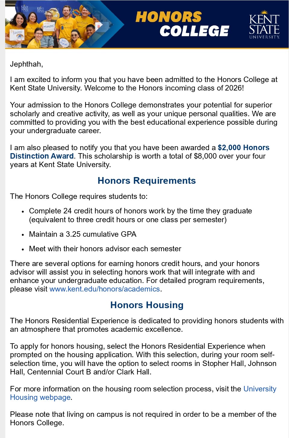 Honors Admission, Kent State University